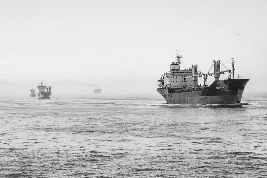 ships, ocean, nature, sea, vessels, container ships, cargo ships, transportation, nautical, monochrome, black and white
