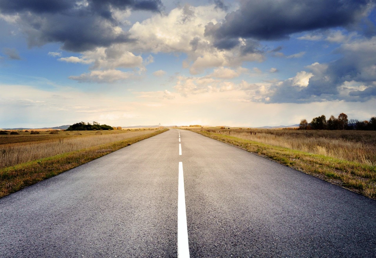 road, pavement, landscape, roadway, drive, route, way, asphalt, countryside, horizon, fields, nature, clouds, sky