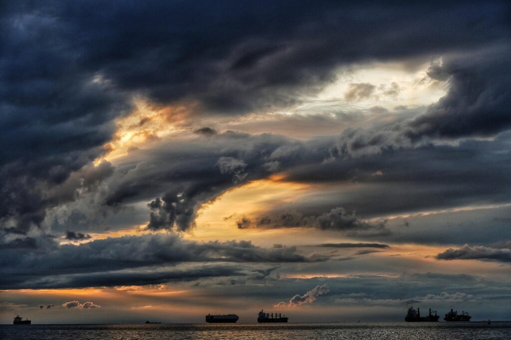 sky, clouds, ships, sea, nature, cumulus, horizon, sunset