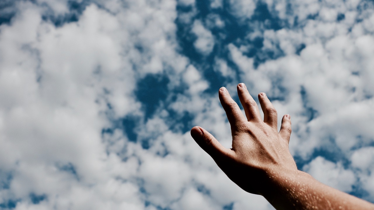 hands, blue sky, nature, fingers, arm, cloudy, blue, sky