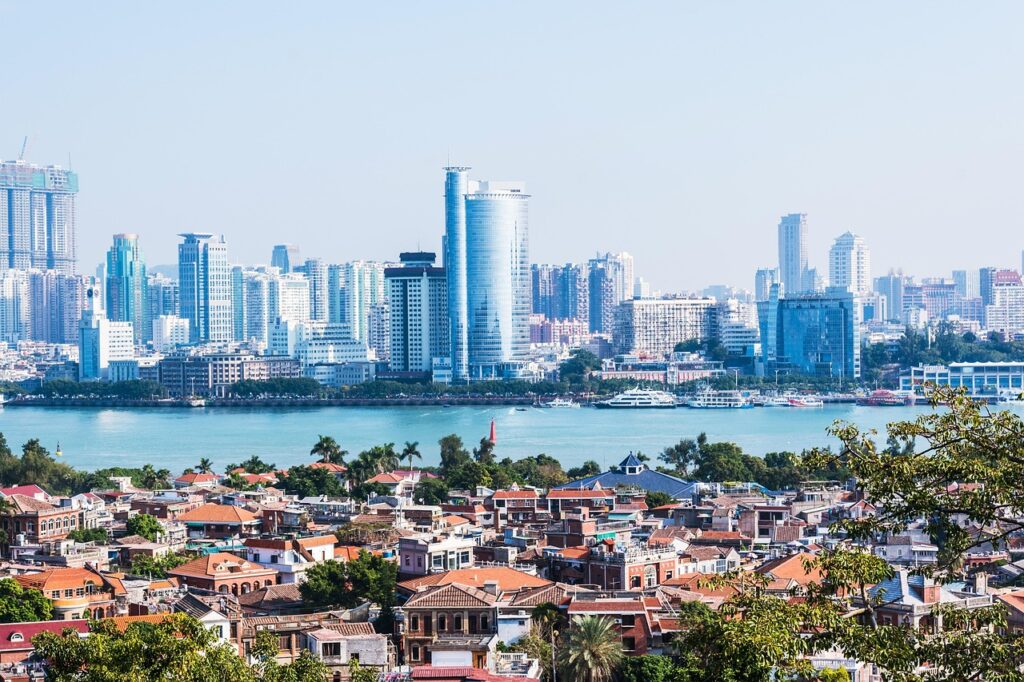 xiamen, blue sky, city, building, china, sky, cloud, blue, sea, gulangyu, travel, life, scenery, the scenery, nature, shore, natural, scenic spot
