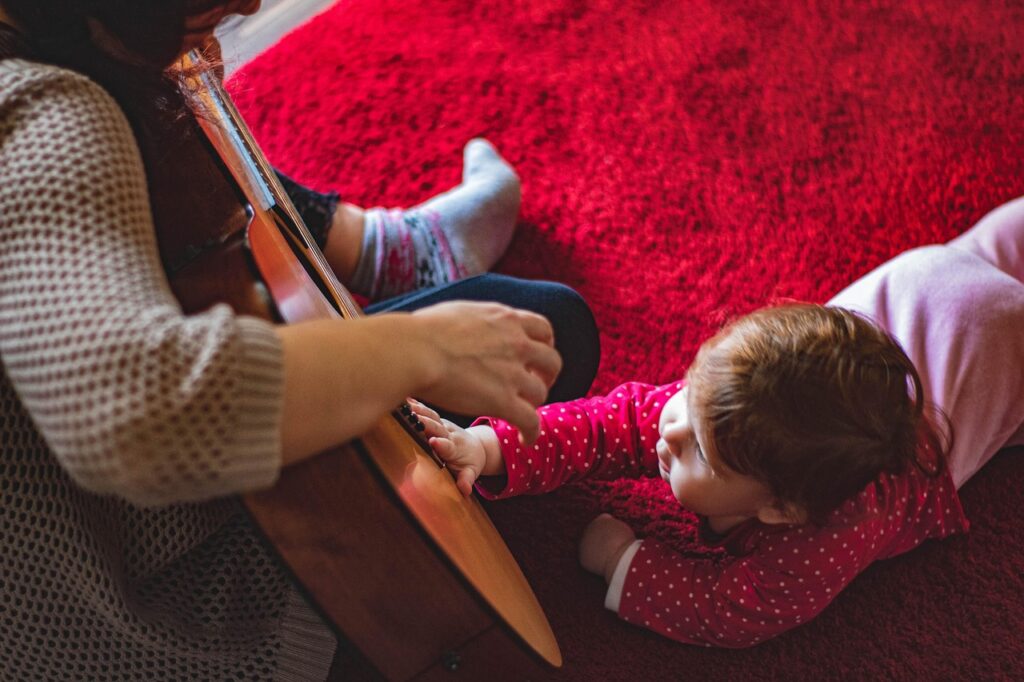 toddler, guitar, mother, happy mothers day, red, love, mom, baby, family, nature, passion, carpet, rug, girls, music, instrument, sound, learning, quality time, mum