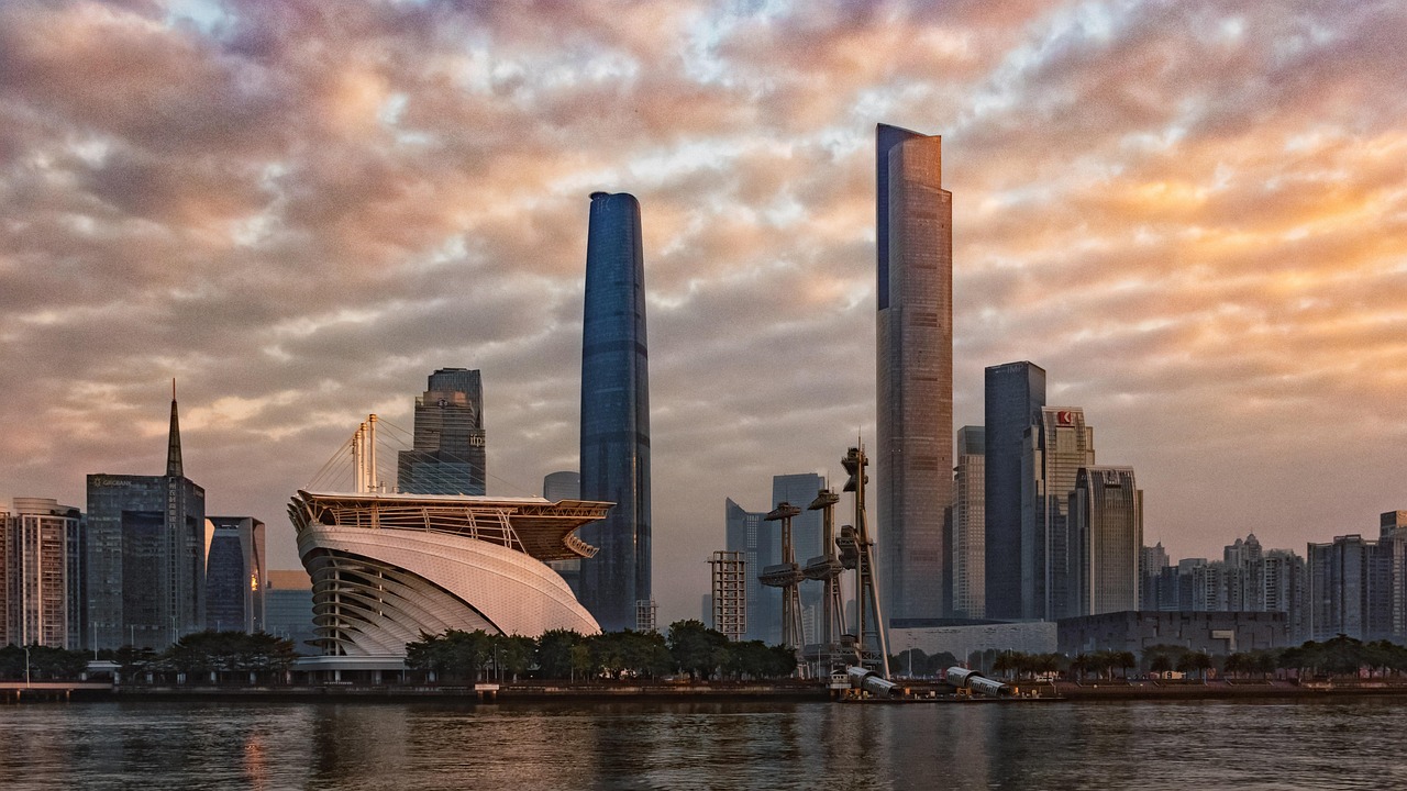 guangzhou, nature, pearl river, cbd, sky, sunrise, travel, building, skyline, tall building