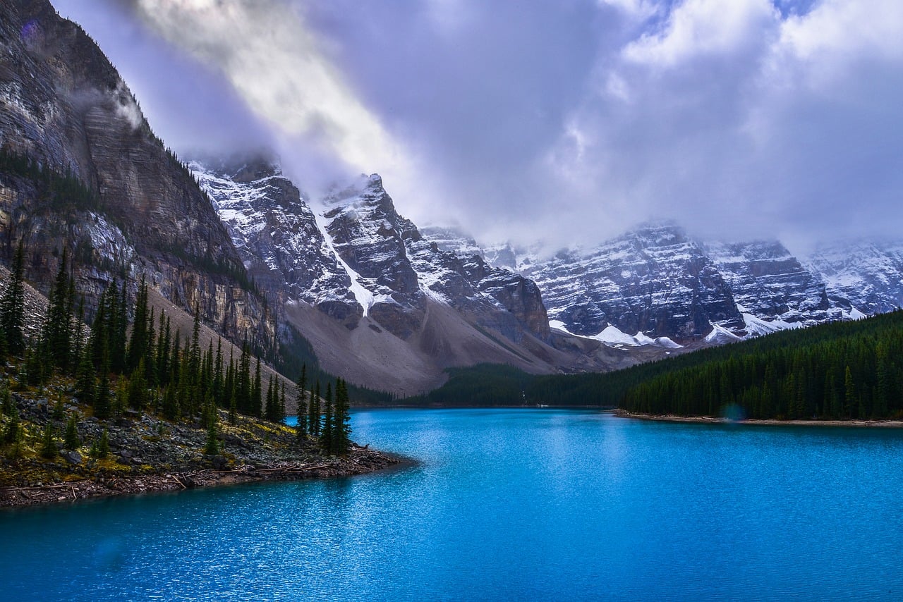 banff, moraine lake, canadian rockies, lake, blue water, mountains, clouds, canadian national parks, landscape, nature, travel, canada, alberta, scenery, hiking, park, atmosphere, tranquility, panorama, west, calm