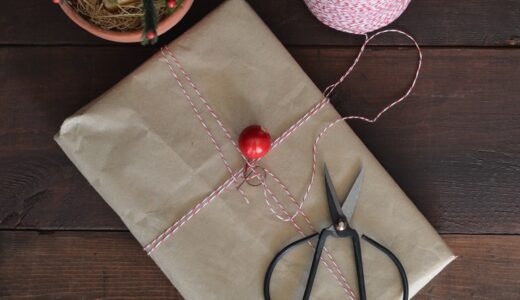 gift, package, wrapping, scissors, from above, wood, holidays, table, brown paper, string, red, brown table, brown gift