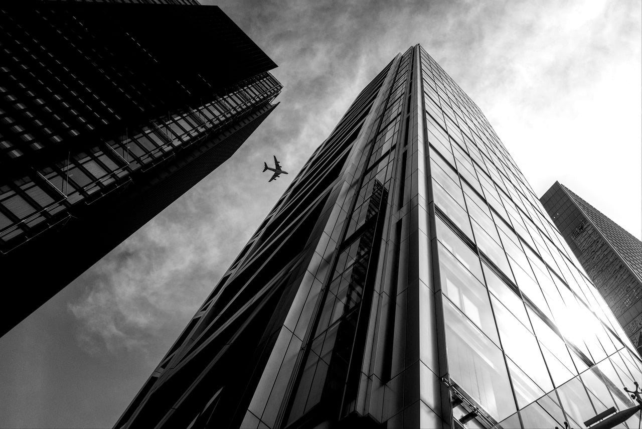 london, uk, nature, reflection, glass, sun, light, summer, mono, city, skyscraper, building, plane