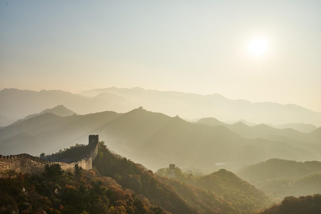 mountain, sunset, landscape, panoramic, nature, china, great wall, wall, border, fall, autumn