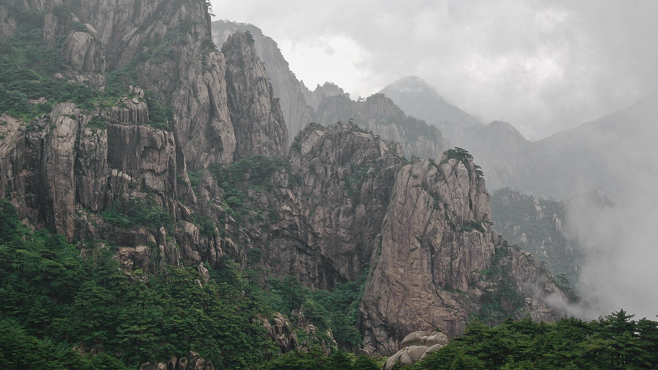 china, mountains, cliff, forest, fog, nature, rocks