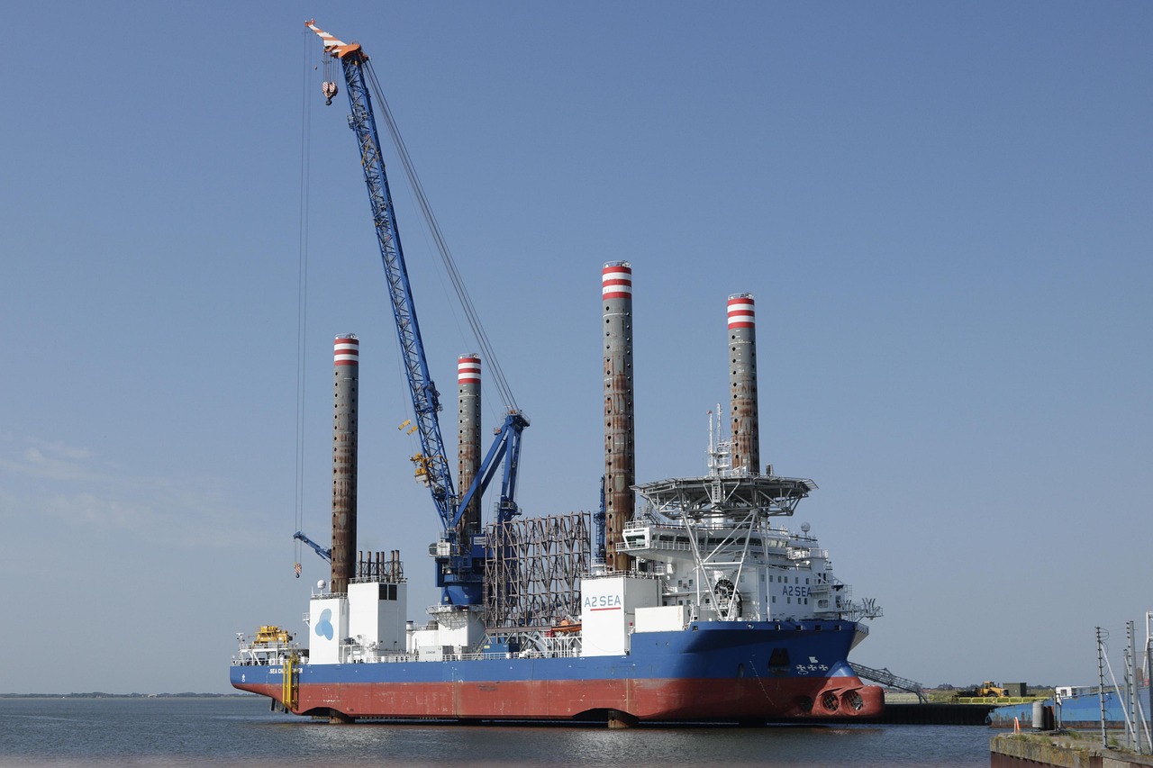 ship, harbor, esbjerg, crane, windmill, shipping, jack-up, blue, blue sky, nature, sky, vessel, offshore