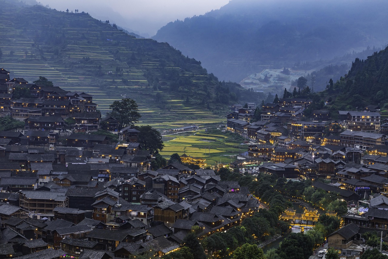 blue village, village, qianhu miao village, night view, guizhou, china, village, china, china, china, china, china