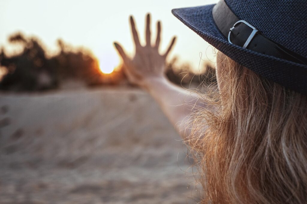 sun, five, dawn, sunset, girl, hand, hat, blonde, morning, nature, five, five, five, five, five