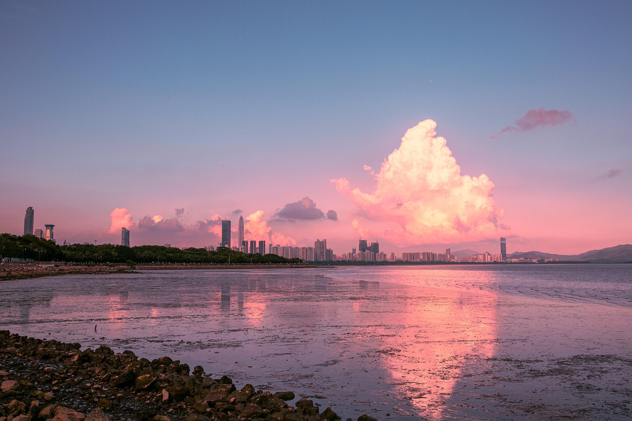 sky, cloud, nature, sea, evening sky, sunset glow, twilight, city view, skyline, beach, shenzhen, shenzhen bay