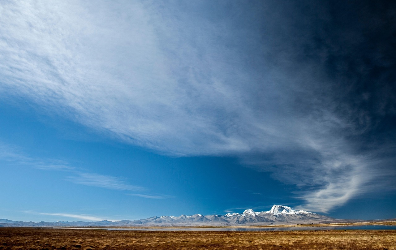 mountains, snow, nature, grassland, clouds, sky, china, plateau, tibet, reflection, landscape
